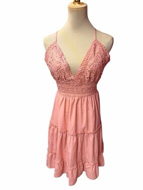 Pink Crochet Lace Dress Tiered Summer Dress Size L